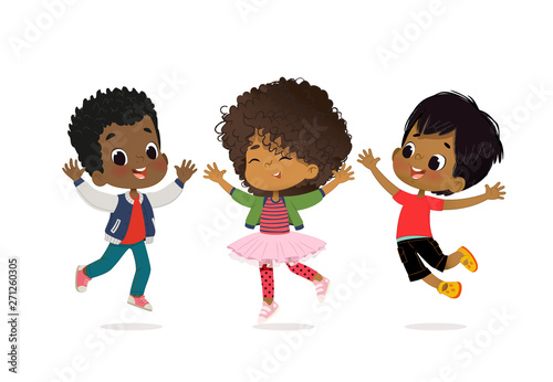 African American Boys and girls are playing together happily. Kids Play at the grass. Children Holding hands and jumping. The concept is fun and vibrant moments of childhood. Vector illustrations.