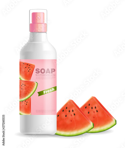 Soap or lotion watermelon flavor Vector realistic mock up. Product placement ...