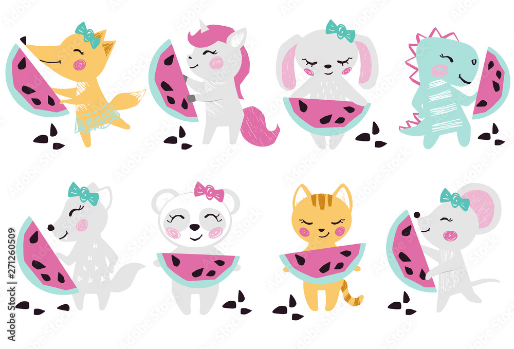 Animals baby girl with watermelon cute summer print. Cat, fox, unicorn, bunny, panda, mouse, wolf, dinosaur with fresh fruit.