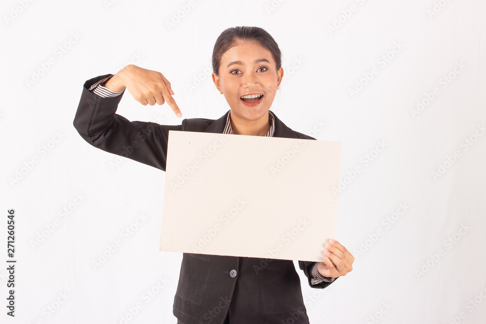 Portrait asian beauty business woman isolated white background.female holding blank card Portrait asian beauty business woman isolated white background.female holding blank card