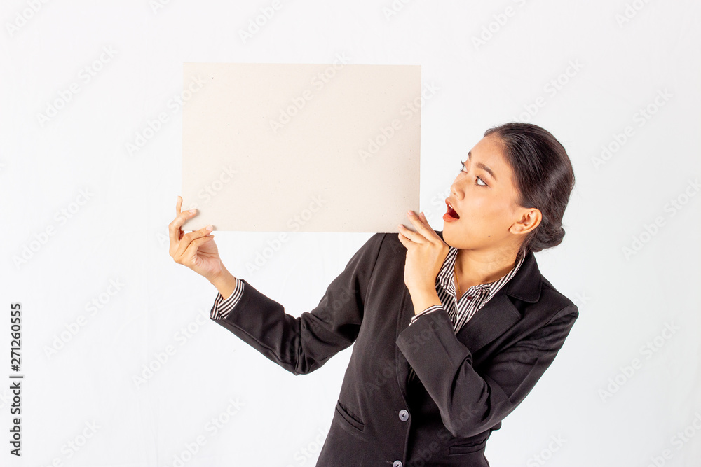 Portrait asian beauty business woman isolated white background.female holding blank card Portrait asian beauty business woman isolated white background.female holding blank card