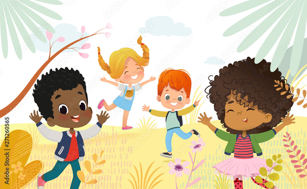 Multicultural Boys and girls happily jump. Kids Play outdors. Colorful flowers and trees at the background Multicultural Boys and girls happily jump. Kids Play outdors. Colorful flowers and trees at the background