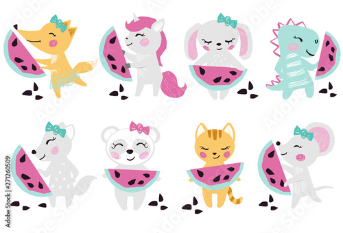 Fototapeta Naklejka Na Ścianę i Meble -  Animals baby girl with watermelon cute summer print. Cat, fox, unicorn, bunny, panda, mouse, wolf, dinosaur with fresh fruit.