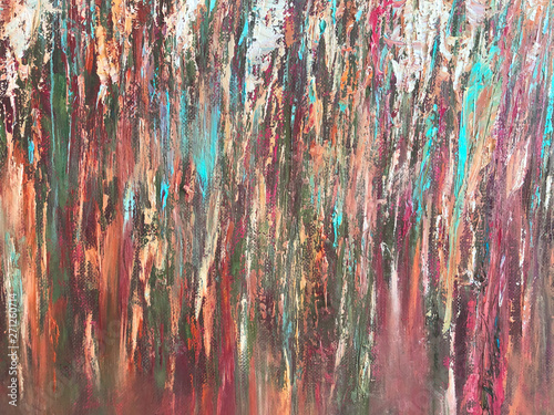 Abstract painting of grass, green and pink colors, original artwork, oil on canvas