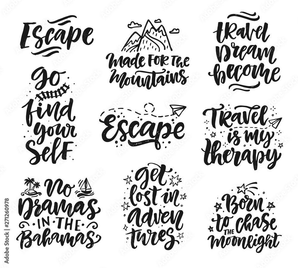 Travel, adventures hand written lettering quotes icons badges set