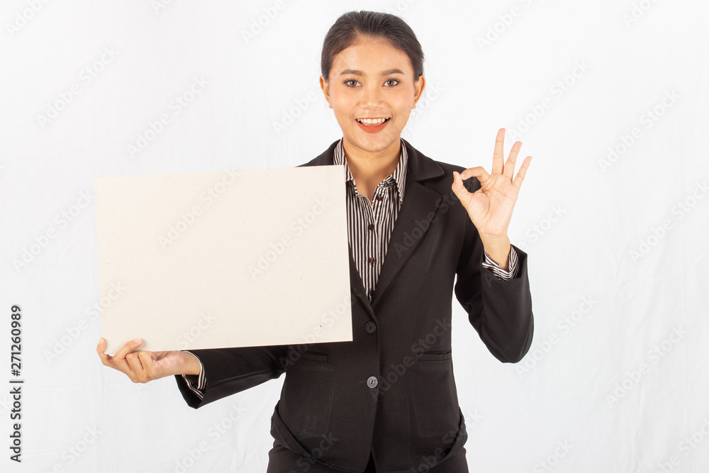 Portrait asian beauty business woman isolated white background.female holding blank card Portrait asian beauty business woman isolated white background.female holding blank card