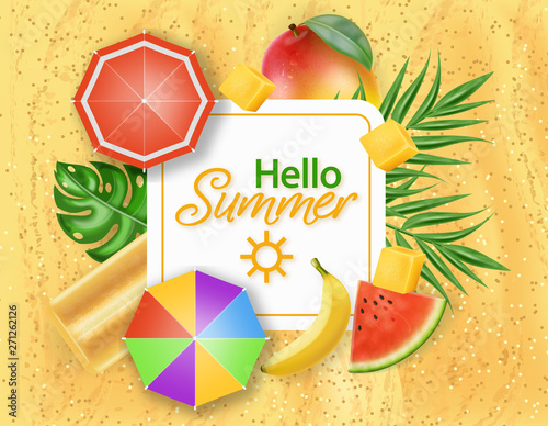 Hello summer card with ice cream, umbrellas and palm leaves Vector realistic....