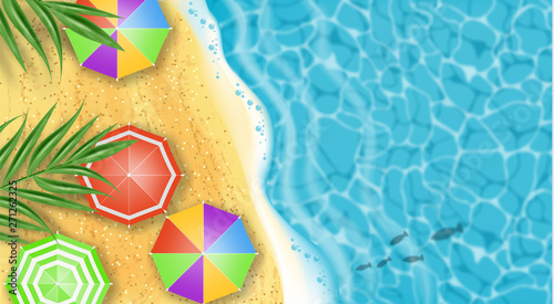 Hello summer card beach sea side Vector realistic top view. Palm leaves, umbr...