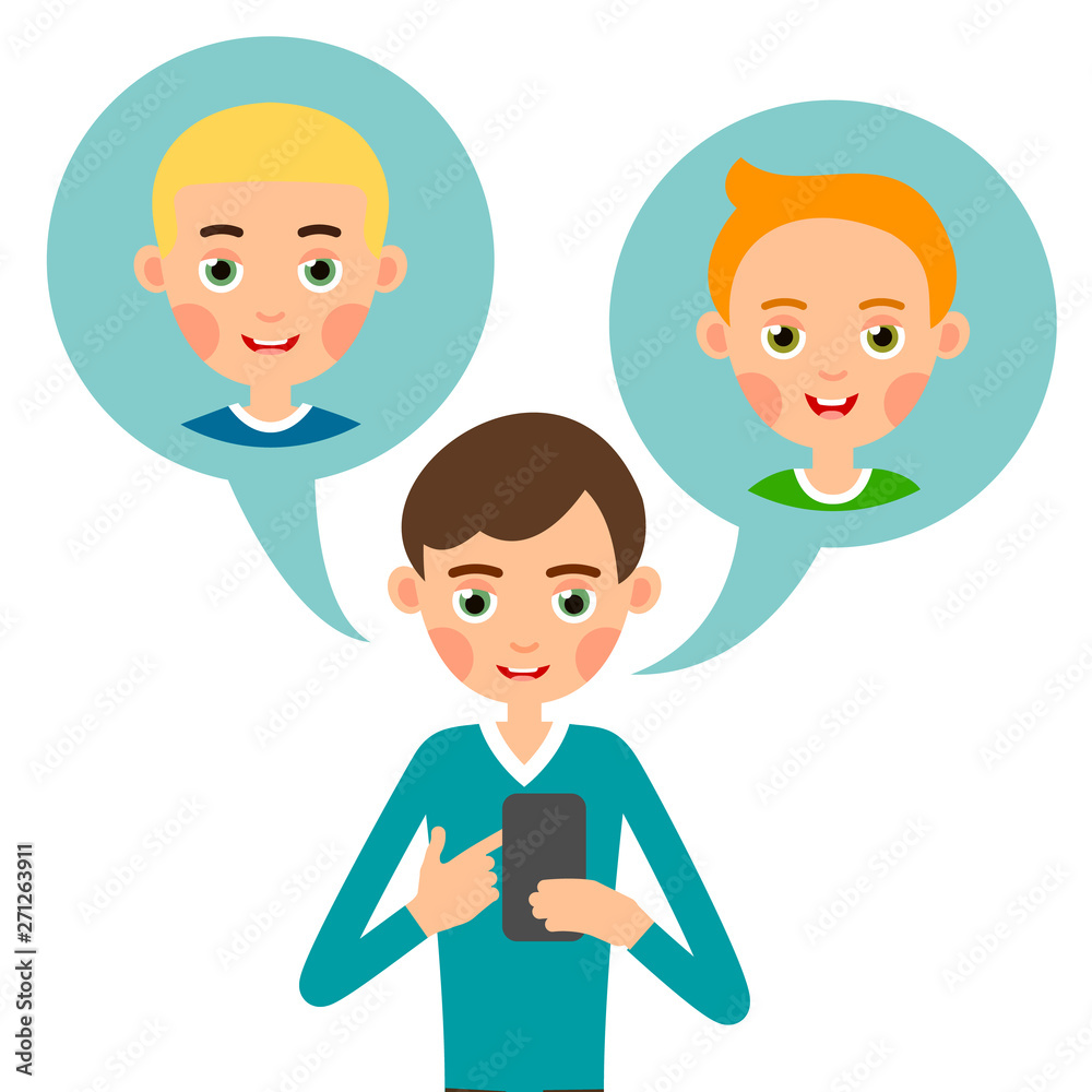 Boy calling. Cartoon man talking for concept design. Using mobile phone. Cute design. Modern means of Internet communication. Illustration isolated on white background in flat style Boy calling. Cartoon man talking for concept design. Using mobile phone. Cute design. Modern means of Internet communication. Illustration isolated on white background in flat style
