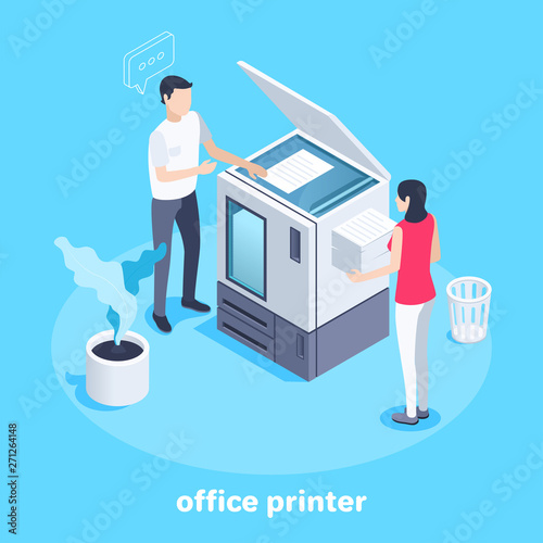 isometric vector image on a blue background, a man works behind an office printer and a girl assistant, teamwork