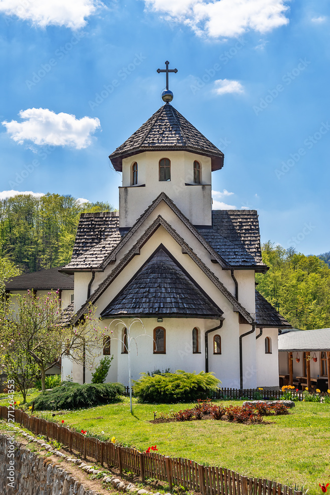 Ljubovija, Serbia April 20, 2019: The Soko Monastery is located below Soko Grad, on the slopes of the Sokolska Mountain near Ljubovija.The monastery is dedicated to the holy bishop Nikolaj Velimirovic Ljubovija, Serbia April 20, 2019: The Soko Monastery is located below Soko Grad, on the slopes of the Sokolska Mountain near Ljubovija.The monastery is dedicated to the holy bishop Nikolaj Velimirovic