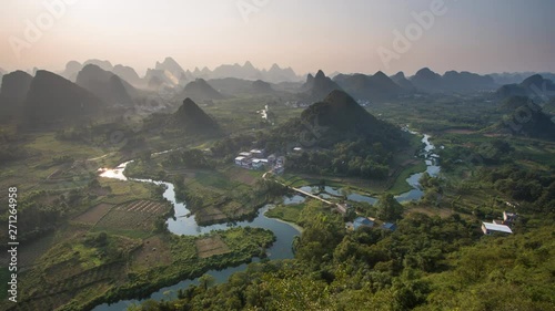 Sunset Landscape of Guilin Time-lapse , Li River and Karst mountains called Cuiping or Five Finger  mount located ,Guangxi Province, China, LD, Lockdown.