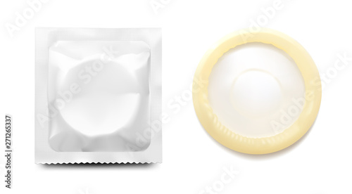 Realistic condom with package. Vector illustration. Easy to use for presentation your product, idea, design. EPS10.
