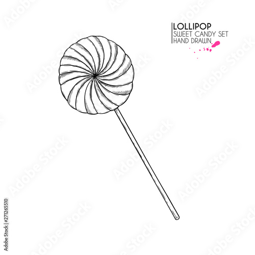 Hand drawn set of sweet candies. Twisted caramel lollipops. Vector food icons. Use for restaurant, menu, party decorating, flyer, banner. Sugar Halloween dessert.