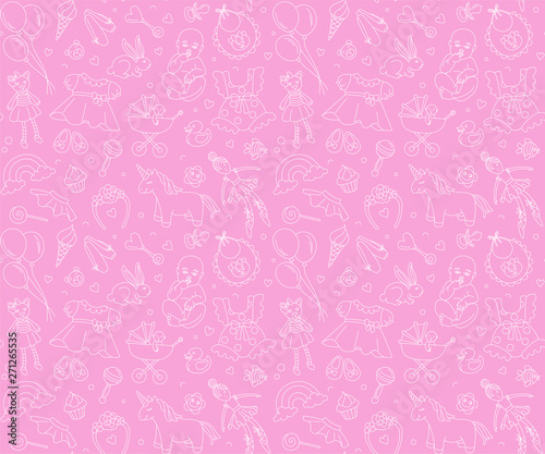 Newborn girl baby shower seamless pattern thin line doodle style