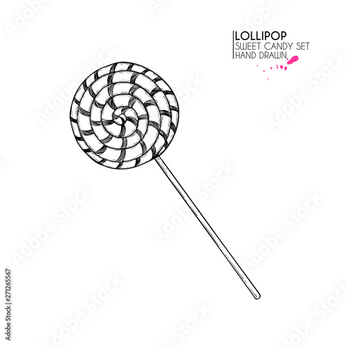 Hand drawn set of sweet candies. Twisted caramel lollipops. Vector food icons. Use for restaurant, menu, party decorating, flyer, banner. Sugar Halloween dessert.