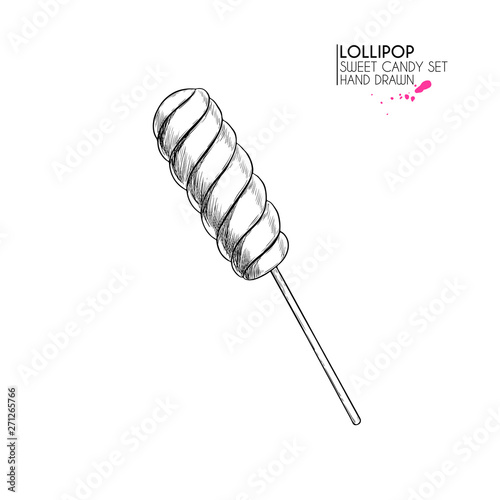Hand drawn set of sweet candies. Twisted caramel lollipops. Vector food icons. Use for restaurant, menu, party decorating, flyer, banner. Sugar Halloween dessert.