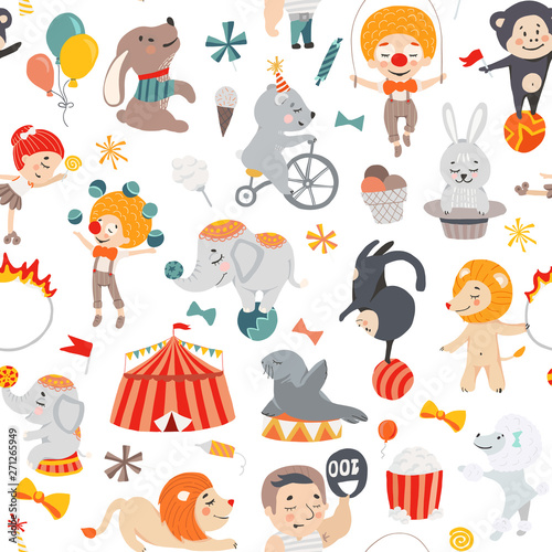 Fototapeta Naklejka Na Ścianę i Meble -  Illustrations of funny circus characters. Presentation, show and magic. Template vector graphics. Seamless pattern.