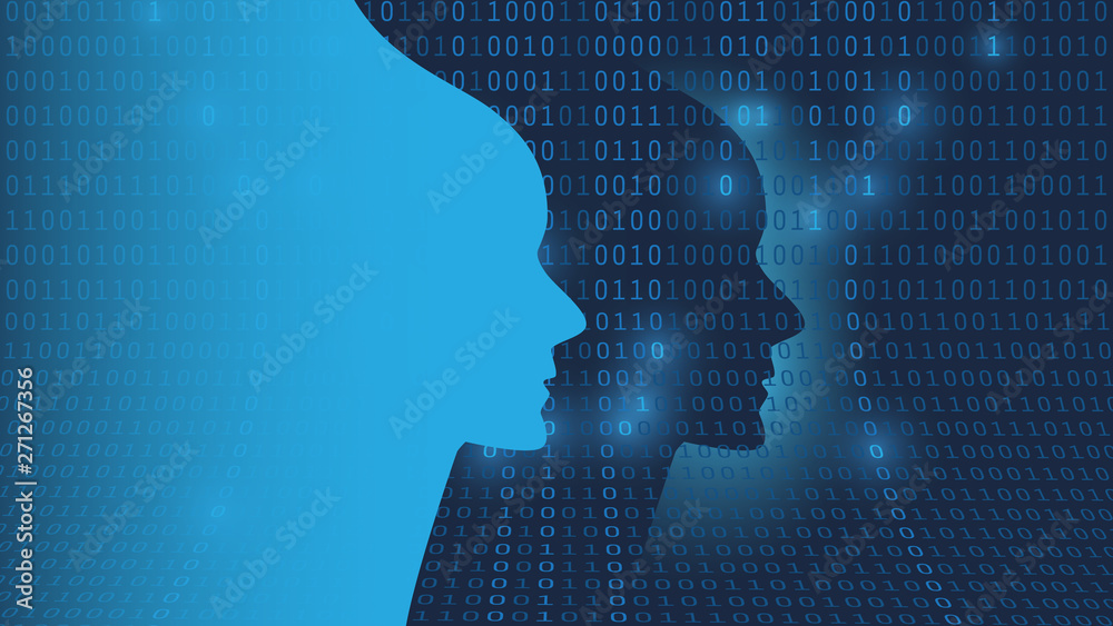      Machine Learning, Artificial Intelligence, Cloud Computing and Networks Design Concept with Network Mesh and Human Face Silhouette 