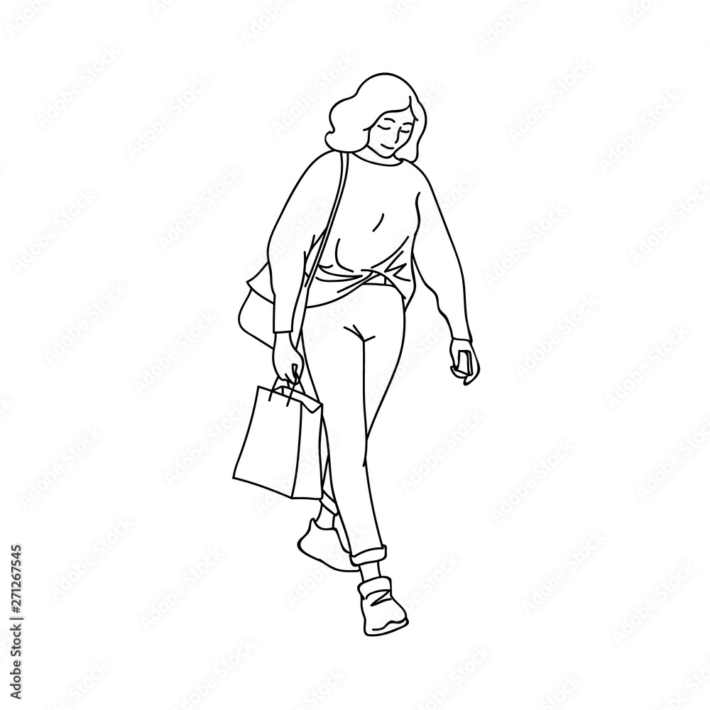 Cute girl in jeans, sweater and sneakers walking, staring down. Black lines isolated on white background. Concept. Vector illustration of girl with shopping package in simple line art style. Cute girl in jeans, sweater and sneakers walking, staring down. Black lines isolated on white background. Concept. Vector illustration of girl with shopping package in simple line art style.