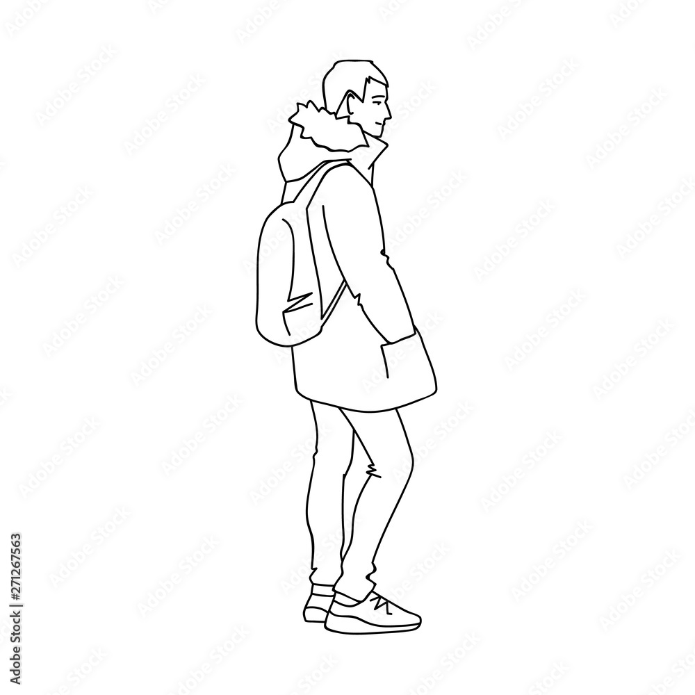 Man in warm jacket, jeans and sneakers. Side view. Monochrome vector illustration of young man with backpack standing and smiling in line art style. Hand drawn black lines isolated on white background Man in warm jacket, jeans and sneakers. Side view. Monochrome vector illustration of young man with backpack standing and smiling in line art style. Hand drawn black lines isolated on white background