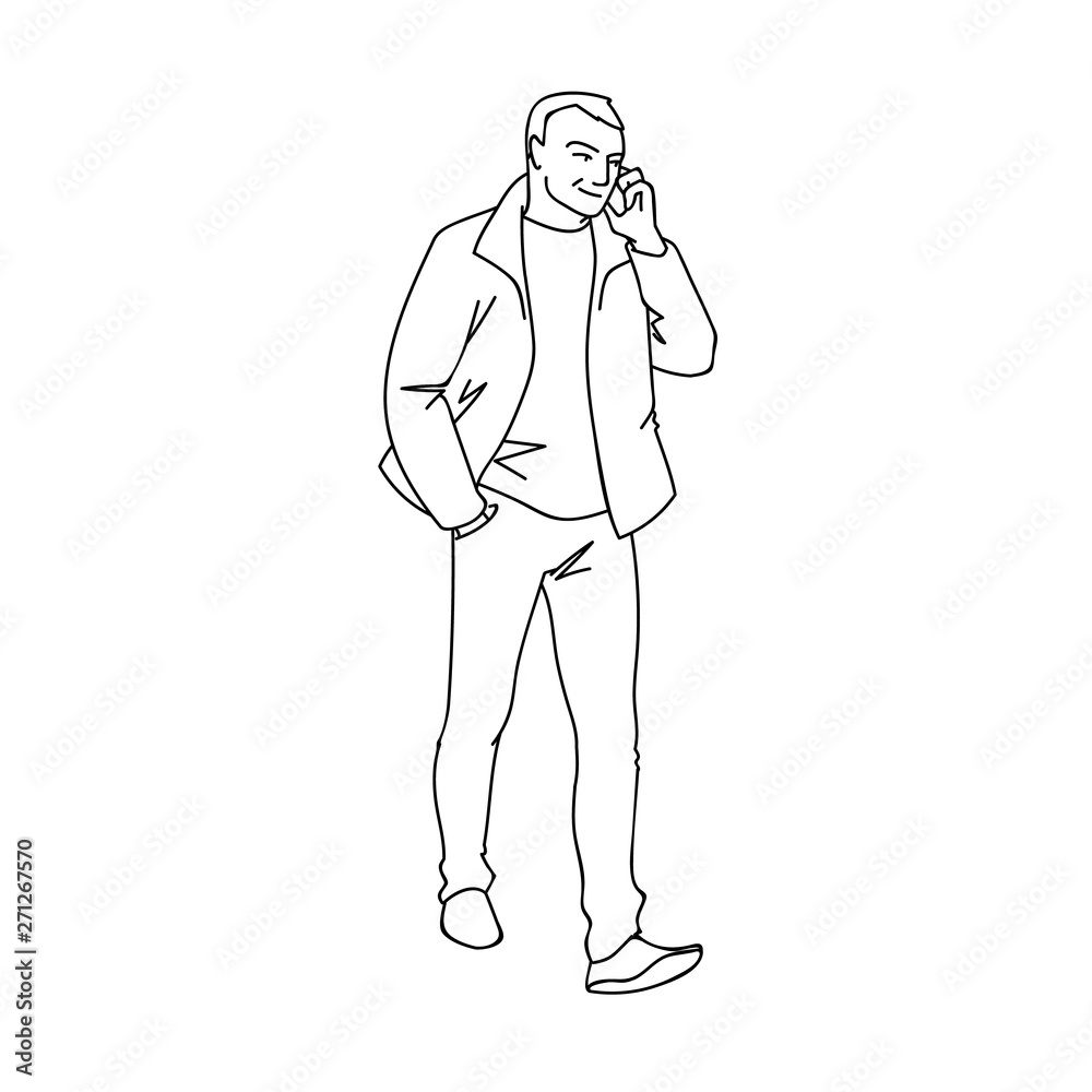 Man taking a walk and talking on the phone. Front view. Monochrome vector illustration of adult man in jacket walking in simple line art style. Black lines isolated on white background. Concept