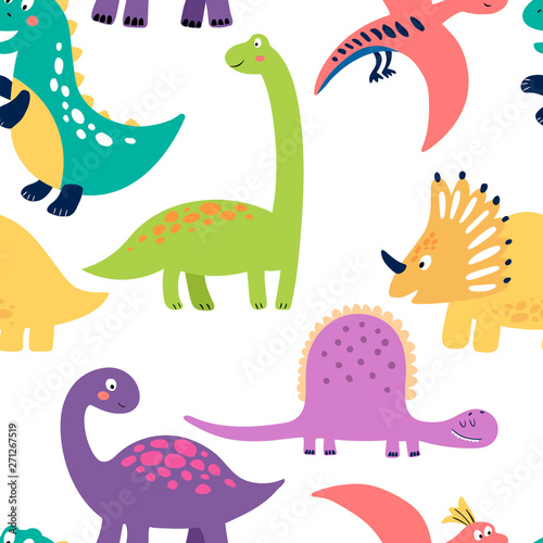 Seamless vector pattern with cute dinosaurs for typography poster  card  label  brochure  flyer  page  banner design. Vector illustration background. Scandinavian style.