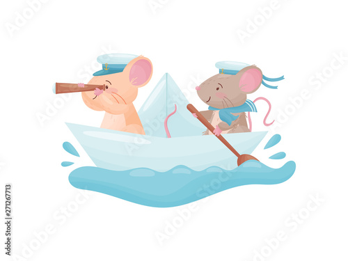 Pair of mice floating on a paper boat. Vector illustration on white background.