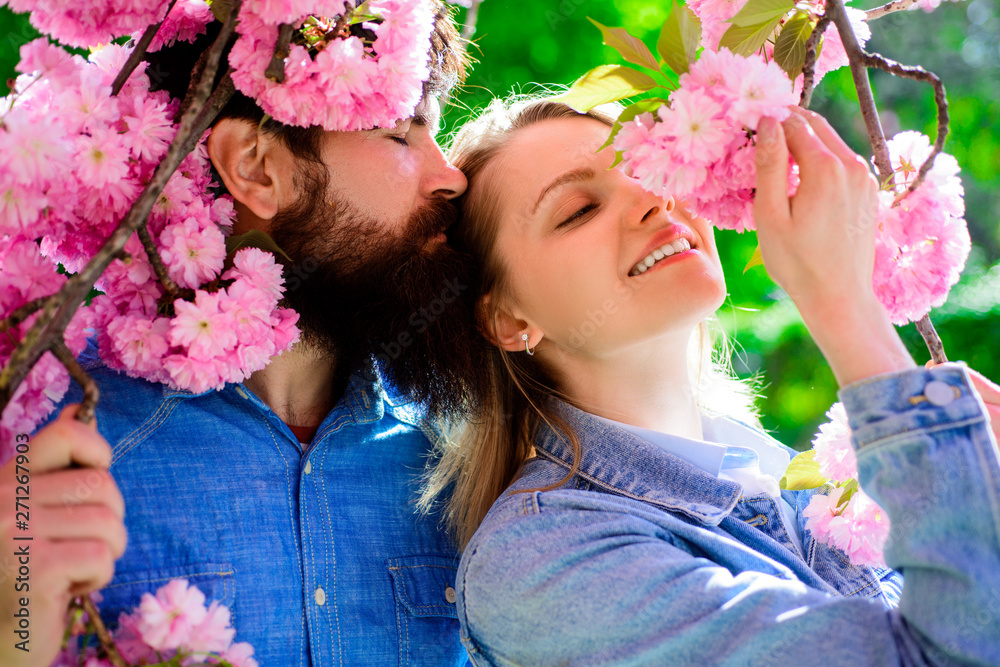 Obraz premium Couple spend time in spring garden. Happy family enjoying sunny day in park during cherry blossom season. Couple in sunny spring day. Man and woman in blooming garden. Couple stand near sakura tree.