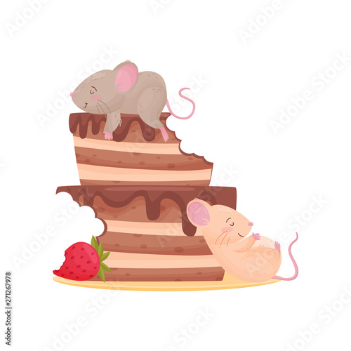 Two cute mouse overeat chocolate cake with strawberries. Vector illustration on white background.