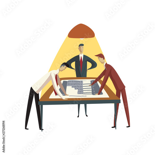 Three men are looking at a construction plan on paper on the table. Vector illustration on white background.