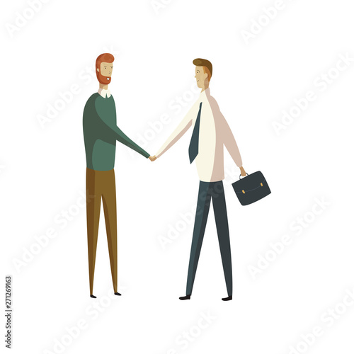 Two men shake hands. Vector illustration on white background.