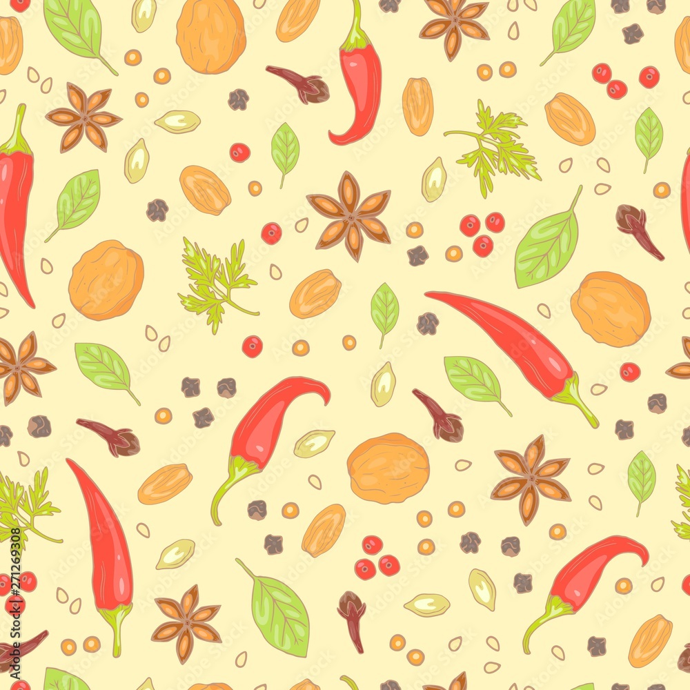 Seamless pattern of spices as pepper and chili, walnut and nutmeg, bay leaf and sesame, anise and seeds. Hand drawn vector illustration of background. 