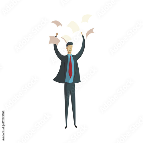 Angry man in a suit screams. Vector illustration on white background.