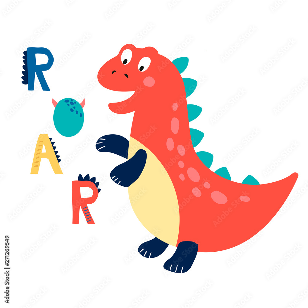 Baby print with Dino: Roar. Hand drawn graphic for typography poster, card, label, flyer, page, banner, baby wear, nursery. Scandinavian style. Baby print with Dino: Roar. Hand drawn graphic for typography poster, card, label, flyer, page, banner, baby wear, nursery. Scandinavian style.
