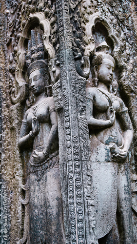 Close-up of stone carving at one of the temples in Angkor Wat  which relates to Hindu mythology and bearing Khmer architectural styles.  Angkor Wat  UNESCO World Heritage  Siem Reap  Cambodia 