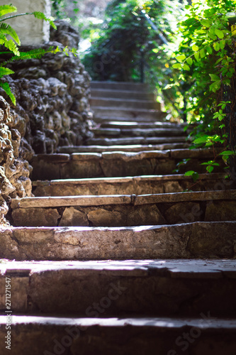 Stone gray staircase leading up to the garden with exotic plants in Turkey. Sun.