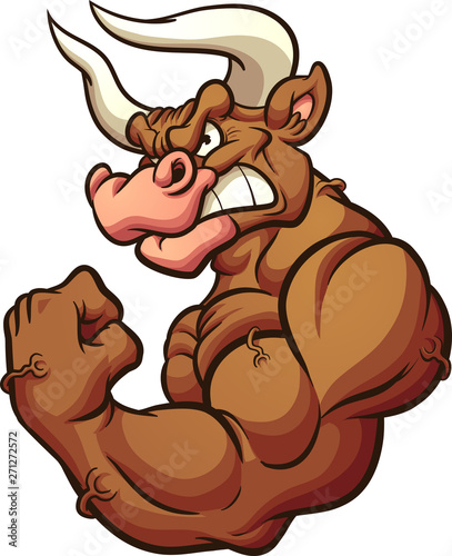 Strong brown bull mascot flexing arm clip art. Vector illustration with simple gradients. All in a single layer. 