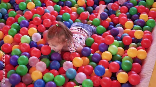 A girl in the pool with many colored balls in the kids playing room photo