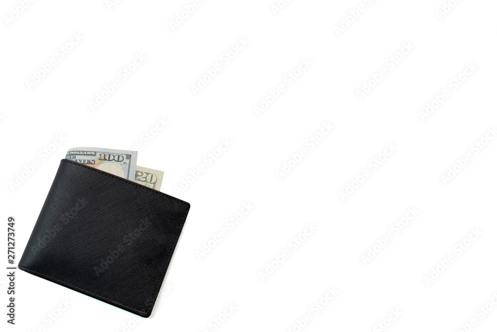 Isolated black wallet with banknote on white background.-Image Isolated black wallet with banknote on white background.-Image