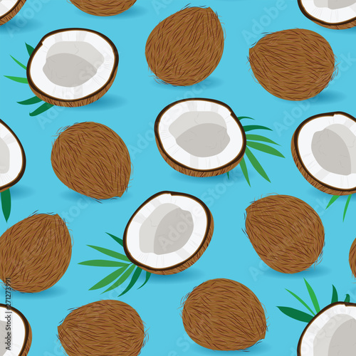 Seamless pattern whole coconut and piece on blue background, Vector illustration