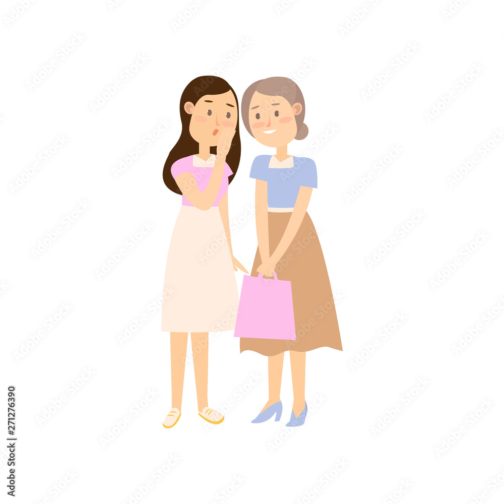 Two girlfriends in summer clothes talking about popular news Two girlfriends in summer clothes talking about popular news