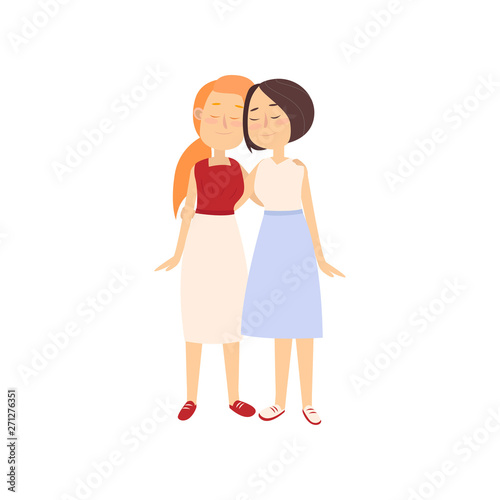 Two happy girlfriends in long summer dress is hugging