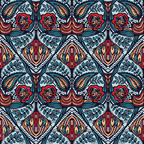 Boho flower damask all over print.  Seamless vector repeating pattern swatch. Red black bohemian folk motif background. Hand drawn retro fashion prints 1970s style. Wzory wallpaper, lino cut paisley.