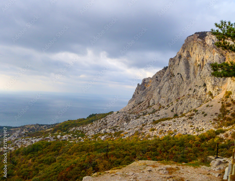 View of the Crimean mountains and the Black sea at autumn in Crimea
