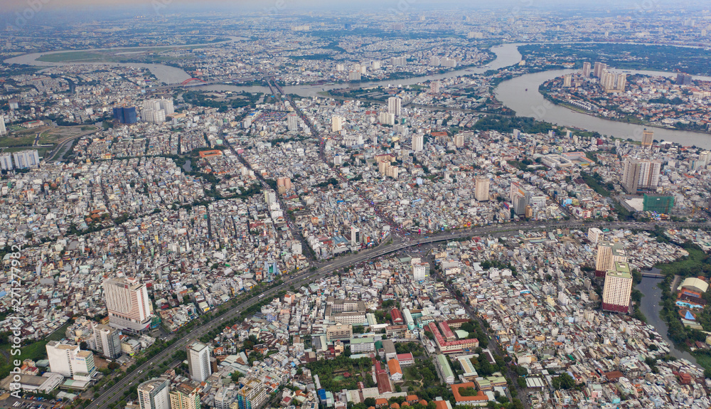 modern cityscape of Ho Chi Minh city at Vietnam take by drone