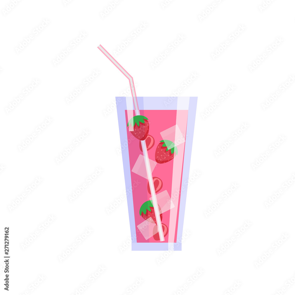 Glass of fresh juice with strawberry fruit and ice cubes Glass of fresh juice with strawberry fruit and ice cubes