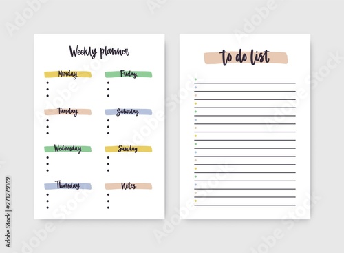 Set of weekly planner and to-do-list templates with headings highlighted by paint traces. Decorative daily plan, schedule, reminder or timetable. Printable sheet. Stylish vector illustration.