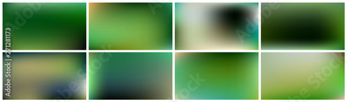 Set of green backgrounds. Smooth and blurry abstract gradient for product presentation, brochure, flyer, poster, banner. Horizontal vector illustrations.