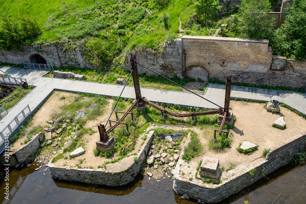 Overhead, aerial view of Mill Ruins Park in downtown Minneapolis Minnesota. Ruins of the flour milling industry in the city Overhead, aerial view of Mill Ruins Park in downtown Minneapolis Minnesota. Ruins of the flour milling industry in the city